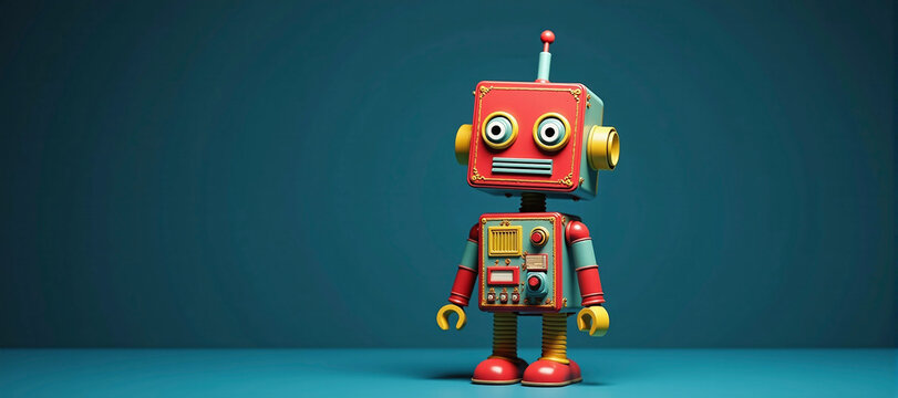 illustrative depiction of a small freestanding colorful toy robot against a colorful background, robots doing the work of humans