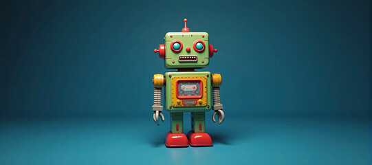 Fototapeta premium illustrative depiction of a small freestanding colorful toy robot against a colorful background, robots doing the work of humans
