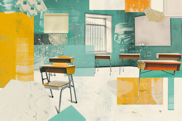 A classroom with many chairs and desks, generative ai image.,