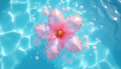 Fototapeta premium A delicate pink flower floating on clear blue pool water, creating a serene and beautiful visual. The image captures a sense of peace, nature, and simplicity.