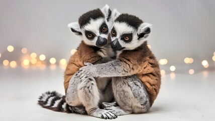 Obraz premium Two baby lemurs snuggling with bokeh lights