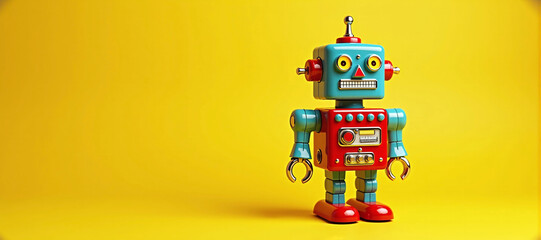 Fototapeta premium illustrative depiction of a small freestanding colorful toy robot against a colorful background, robots doing the work of humans