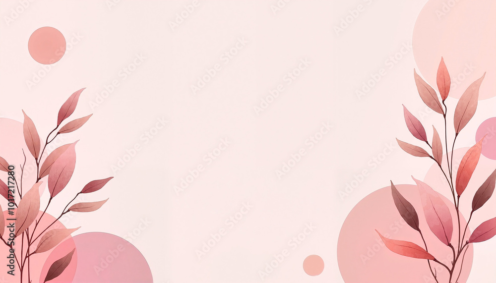 Poster elegant botanical design with leaves and circular shapes on soft pink background for decor.