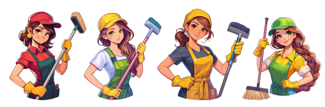 House cleaners. Cartoon girls in uniform holding broom, woman professional cleaning service maid set vector illustration