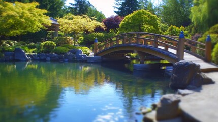 Fototapeta premium Seatac pond bridge, Japanese garden view