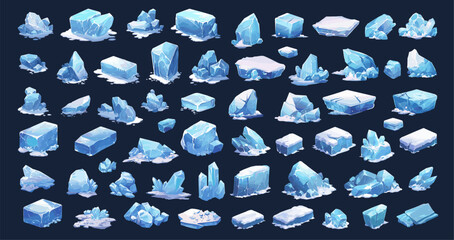 ice set cartoon. glaciers, cold frozen block cube lump winter snow crystal decor vector illustration