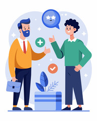 A man receives credit repair advice from a friend who has successfully improved his own credit score inspiring him to take control of his financial situation.. Vector illustration