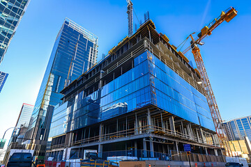 A large building under construction with a crane in the background, generative ai image.,