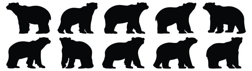 Polar bear silhouettes set, bear pack of vector silhouette design, isolated background.