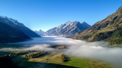 Fototapeta premium A high-altitude valley with its own microclimate, where cool air lingers and creates fog, while the surrounding mountains are clear