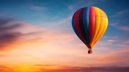 Fototapeta premium A hot air balloon floating in the sky during golden hour, with the sunlight illuminating the vibrant colors of the balloon as it drifts peacefully