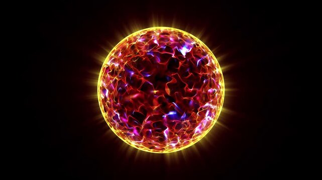 Hot planet. Burning sphere. Energy ball. Burning 3D fireball orb effect on black background. swirling flames and plasma within sphere. Magical or Mystical visual special effect. 3D render. 4K loop.
