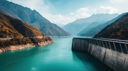 Stunning Mountain Landscape with a Majestic Dam Overlooking Serene Waters