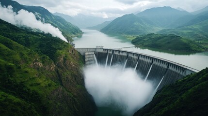 Majestic Hydroelectric Dam Surrounded by Lush Mountains and Serene Waters