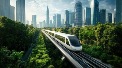 Obraz premium Futuristic Urban Transit High-Speed Train Gliding Through a Lush Green Cityscape