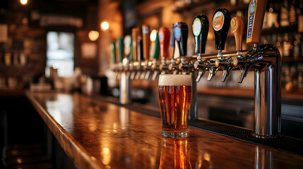 A bar scene featuring a glass of beer and taps in the background.