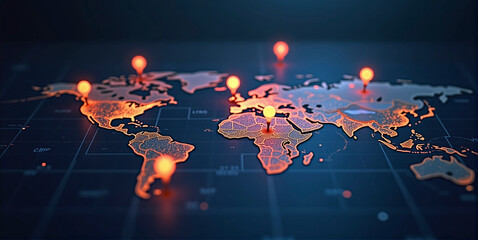 Obraz premium Connected way marks or highlighted points, show the way to the desired destination on a route on a world map