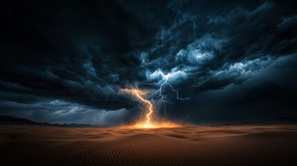 A massive thunderstorm rolling over a desert landscape, with dark clouds, flashes of lightning, and swirling winds kicking up sand
