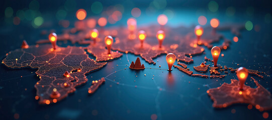 Connected way marks or highlighted points, show the way to the desired destination on a route on a world map