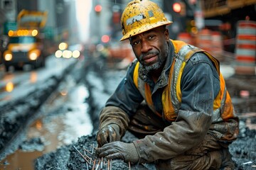 Construction worker in yellow hard hat and reflective vest arranging steel rebar at site