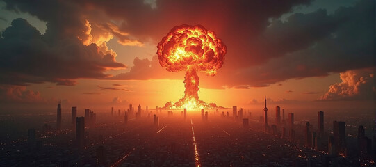 illustrative representation of a nuclear explosion in a city or metropolitan area, horror and fear of war, nuclear disarmament