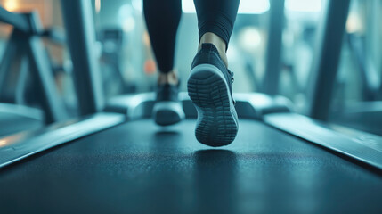 A person running on a treadmill. The person is wearing black pants and a grey shoe. The person is running on a blue surface