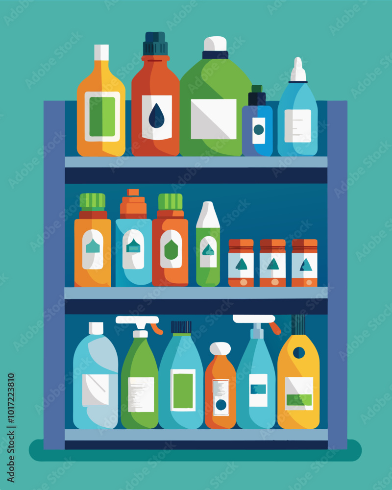 Poster a mostly empty shelf of cleaner with only a couple of left behind bottles of an unfamiliar brand.. v