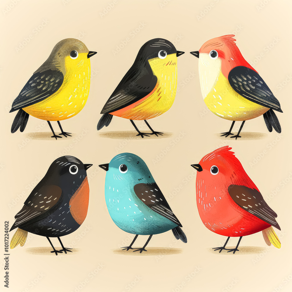 Poster set of six colorful birds with different colors and patterns.