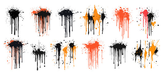 paint splashes drips. Ink drops and splatters, stains paint ink blot black red orange flat set vector illustration
