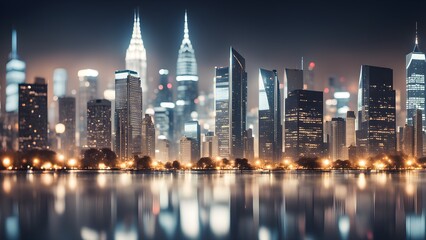 Obraz premium A panoramic view of a modern city skyline at night, with tall buildings illuminated by lights, reflecting in the water.