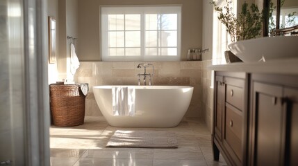 Fototapeta premium Clean, neutral colored, yet masculine bathroom, interior, apartment, design, house, luxury, modern, light, home, white, sink, room, floor, wall, bath