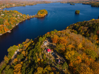 Aerial view of colorful fall forest by the fresh water lake in cottage country - bright yellow, red, orange, green  trees. Blue sky, sunny day. Lion's Lookout, Muskoka, Ontario, Canada.