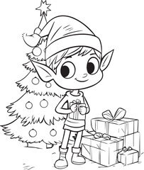 A boy with tree and gift box line art coloring page illustration