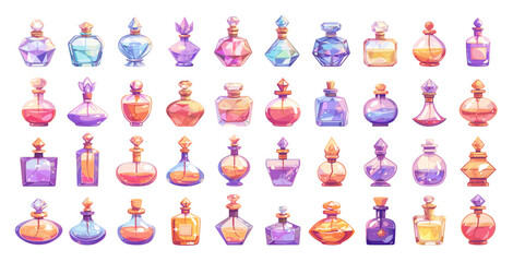 perfume icons. colorful set of glass bottles cartoon, cosmetic women fragrance smell aromatic aroma spray vector illustration