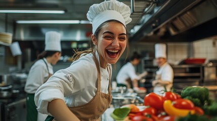 Happy professional chef cooking in kitchen in restaurant. females professional chef cooking in kitchen, food, professional, owner, entrepreneur, Gen AI