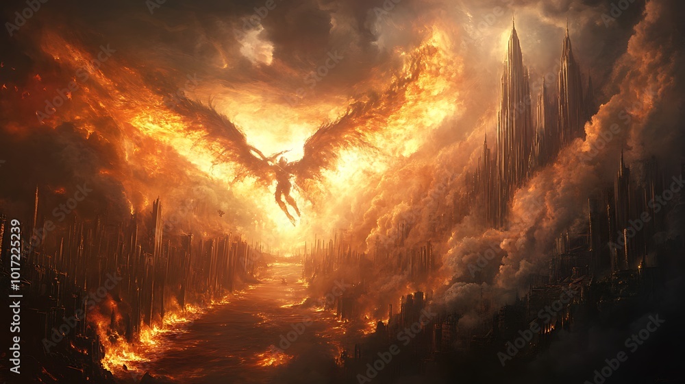 Poster A dramatic scene depicting a fiery figure with wings amidst a burning landscape and towering structures.