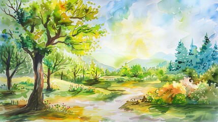 Watercolor painting of a winding path through a forest with a mountain range in the distance.
