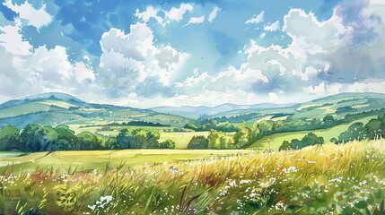 Fototapeta premium Watercolor painting of a green valley with blue sky and white clouds