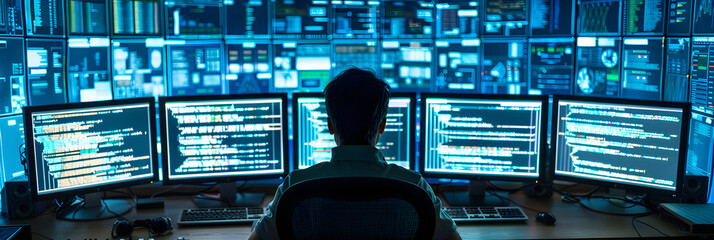 Intensity and dedication of a programmer captured amidst multiple monitors displaying intricate coding