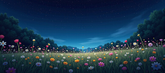 panorama of a flowery and naturally beautiful and idyllic meadow at the beginning of the night with a starry sky in a beautiful landscape, peace and relaxation in nature