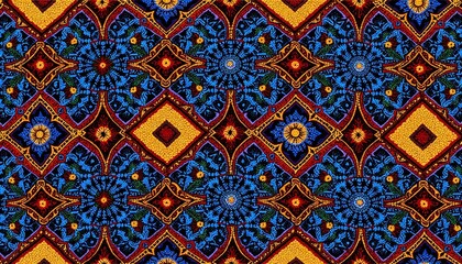 Traditional beadwork pattern background featuring intricate designs in vibrant blues, reds, and yellows