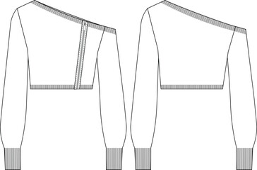 asymmetric neck ribbed cuff hem zippered long balloon sleeve croppeed crop blouse top sweater template technical drawing flat sketch cad mockup fashion woman design style model  © sin