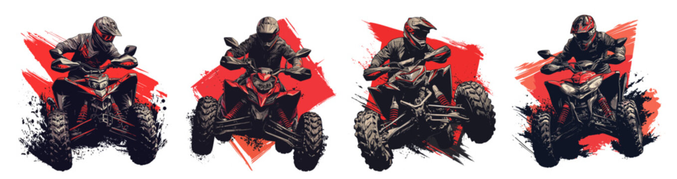 rider on quad bike. ATV moto rider, racer motorcyclist extreme sport splashes dirt motor helmet off-road drive on red background vector illustration