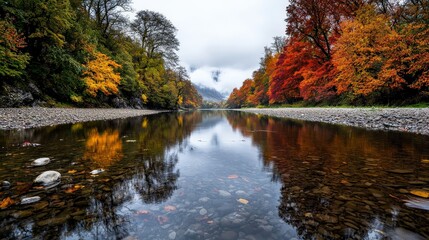 A quiet riverbank surrounded by trees in full autumn colors, with a light drizzle falling and the water reflecting the moody grey sky