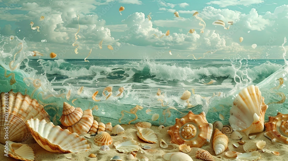 Poster seashells line the sandy beach as gentle waves crash, with vibrant colors contrasting against a sere