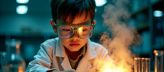 Child as a young scientist conducting experiments and interested in science, fascination with science and nature