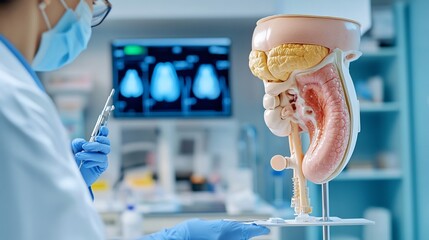Anatomy of human bladder detailed view of walls and lining urologist with imaging tools hospital setting with bladder models