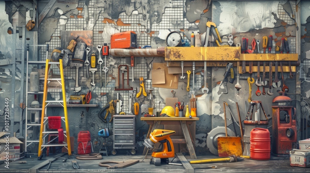 Aufkleber A repair team actively working with various tools and materials in a well-equipped workshop to complete essential maintenance tasks. Generative AI
