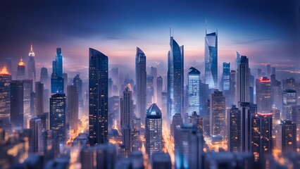 Fototapeta premium A panoramic view of a modern city skyline at dusk with fog and city lights.