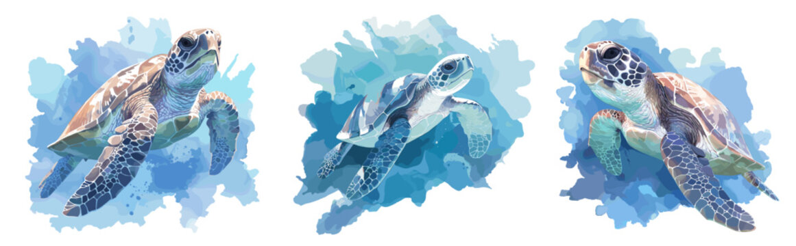 sea turtles watercolor. ocean turtle in water, reptile animal wildlife painting vector illustration